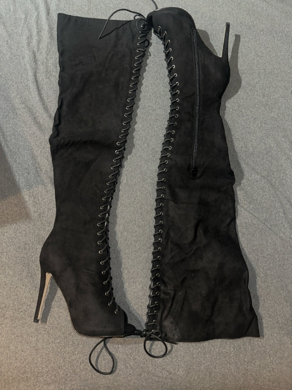 Black Lace-Up Thigh-High  Stiletto Boots